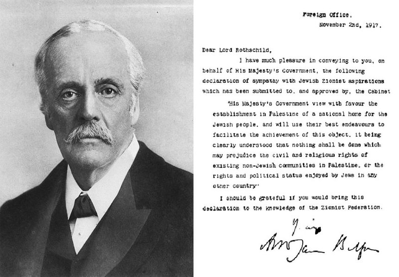 Portrait of Lord Arthur Balfour and text of the Balfour Declaration of 1917